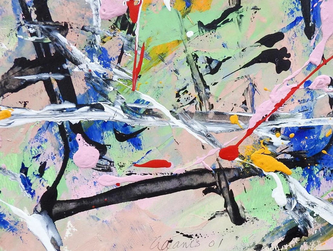 Abstract Style of Jackson Pollock Painting on Paper in Pink White & Black - 2