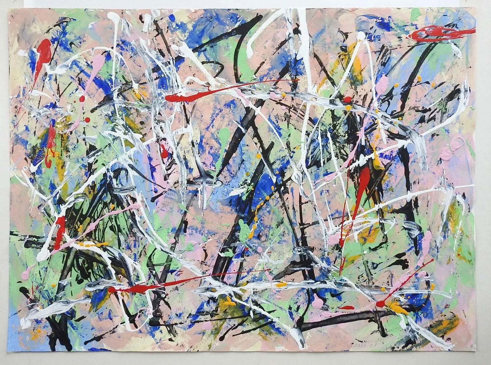 Abstract Style of Jackson Pollock Painting on Paper in Pink White & Black - 3