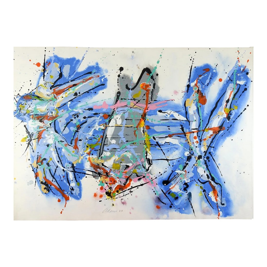 Abstract Expressionist Jerry Adams Blue Red Painting on Paper: Colorful Abstract Expressionist acrylic painting on heavy paper, heavy paint application in spots by Jerry Adams (20th - 21st century) American. Signed and dated 2009 lower center. Unframed, excellent