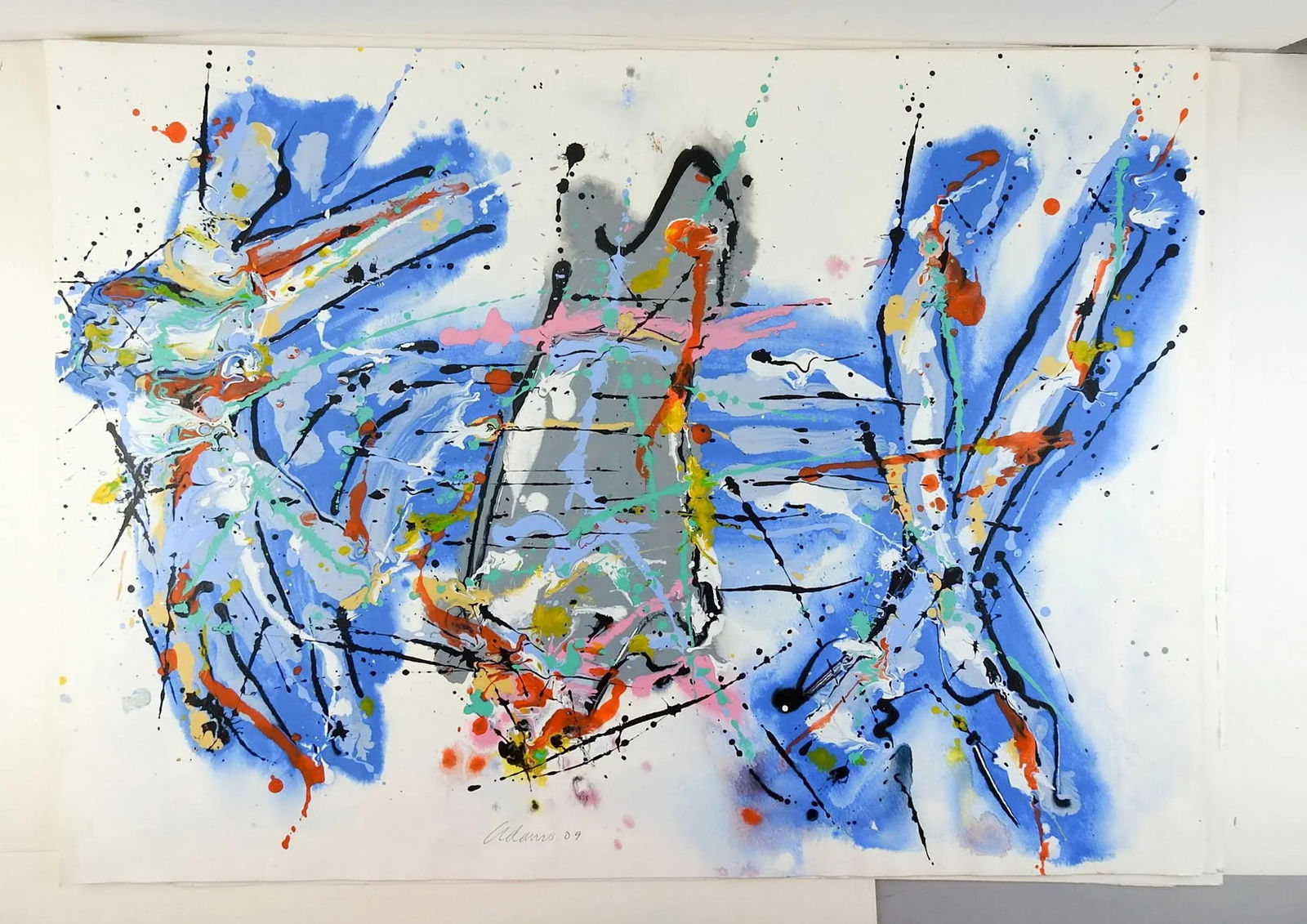 Abstract Expressionist Jerry Adams Blue Red Painting on Paper - 3