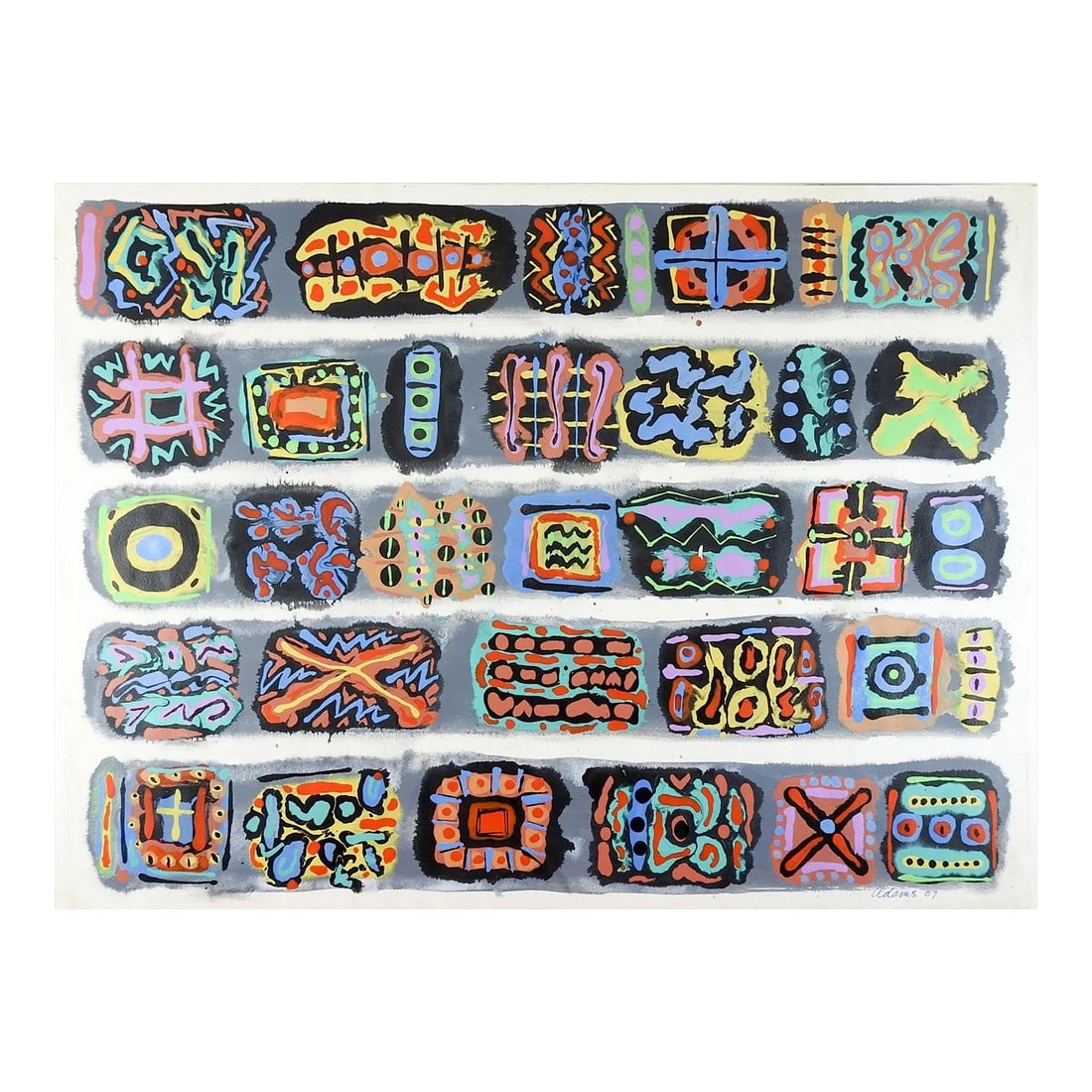 Abstract Expressionist Jerry Adams Icons Cartouche Painting on Paper: Icons Abstract Expressionist acrylic painting on heavy paper, heavy paint application in spots by Jerry Adams (20th - 21st century) American. Signed and dated 2007 lower right . Unframed, excellent