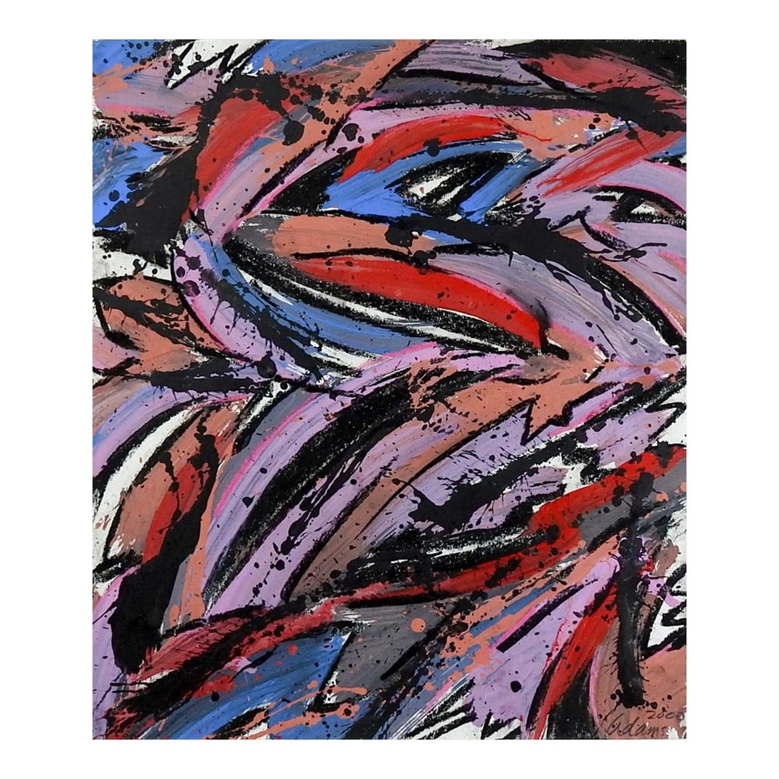 Abstract Jerry Adams Purple & Black Painting on Paper: Abstract Expressionist acrylic painting on paper in purple, red and black by Jerry Adams (20th - 21st century) American. Signed and dated 2000 lower right . Unframed, mounted on foam core with 2"