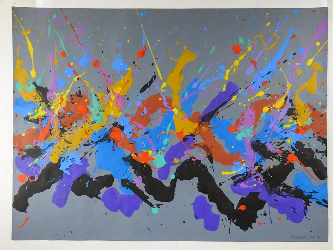 Abstract Expressionist Jerry Adams Blue Mustard Gray Painting on Paper - 3