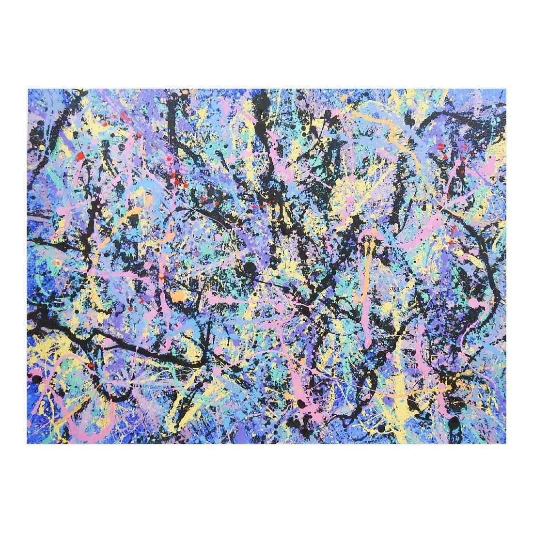 Abstract Expressionist Lavender, Blue & Black Painting Style of Jackson Pollock: Colorful Abstract Expressionist acrylic painting on heavy paper. In blue, lavender, yellow and black by Jerry Adams (20th-21st century) Texas. Signed and dated 1999 lower right. Unframed. 