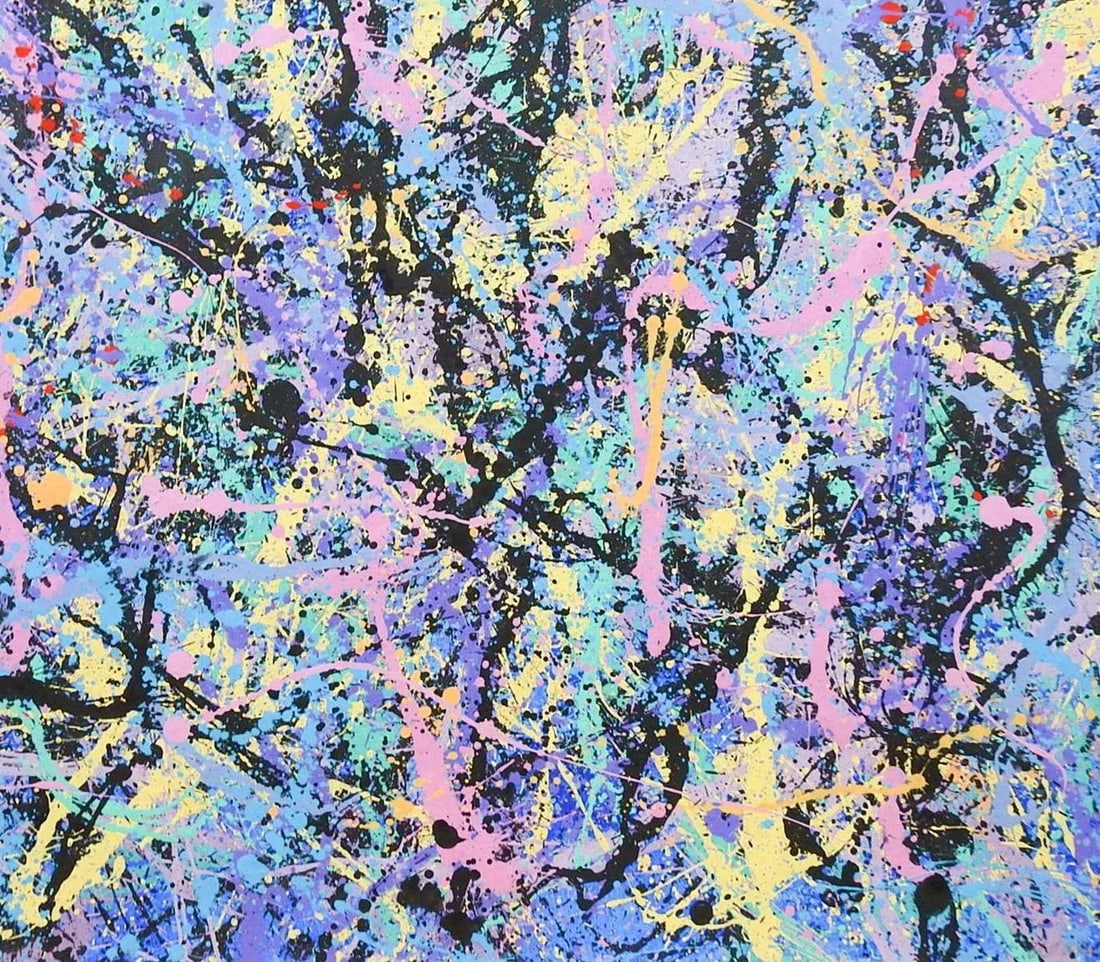 Abstract Expressionist Lavender, Blue & Black Painting Style of Jackson Pollock - 3