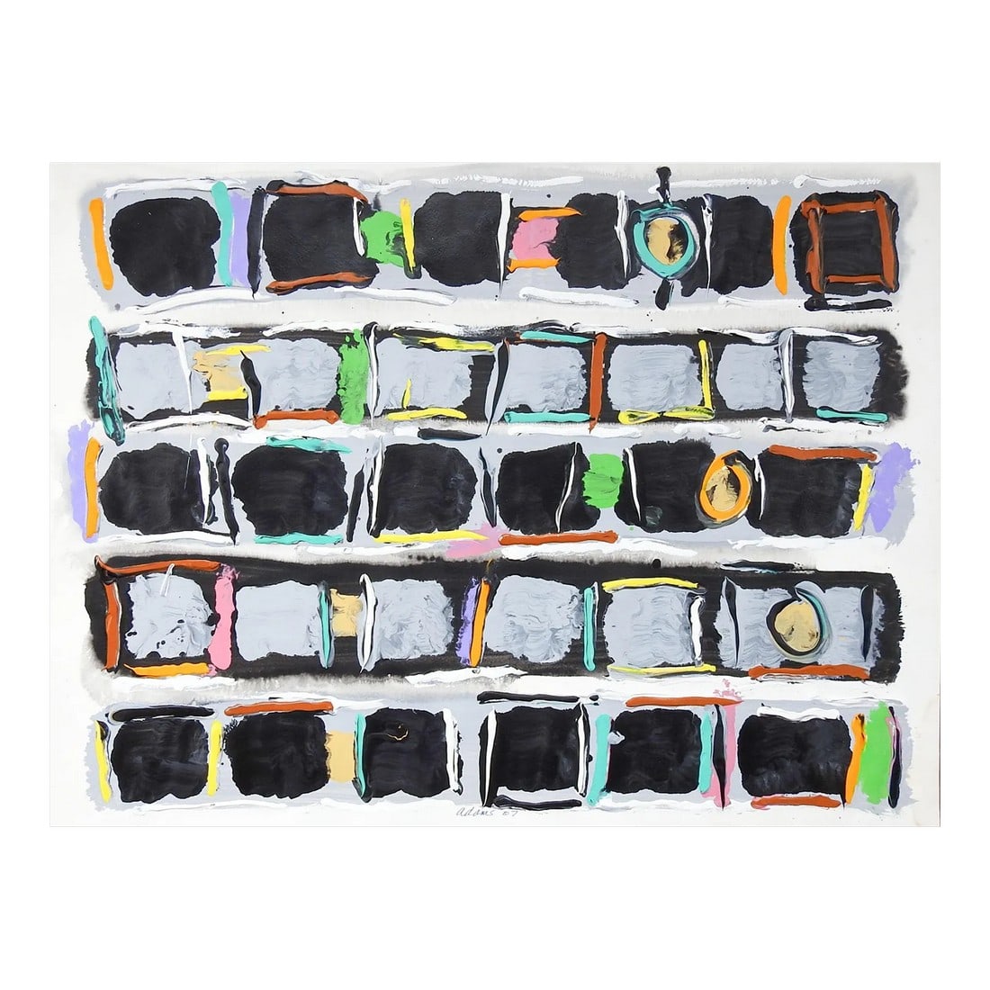Abstract Expressionist Jerry Adams Black Boxes Painting on Paper: Black boxes with gray and turquoise abstract expressionist acrylic painting on heavy paper by Jerry Adams (20th - 21st century) American. Signed and dated 2007 lower center. Unframed. Condition: