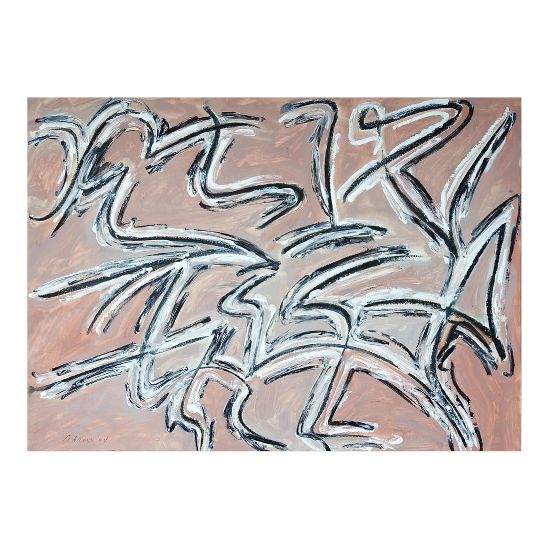 Abstract Expressionist Jerry Adams Pink & Gray Painting on Paper: Pink with gray, white and black abstract expressionist acrylic painting on heavy paper by Jerry Adams (20th - 21st century) American. Signed and dated 2004 lower center. Unframed. Condition: Alteratio