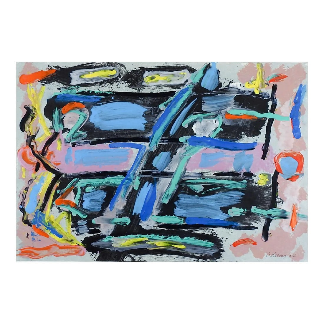 Abstract Blue, Black & Pink Jerry Adams Painting on Paper