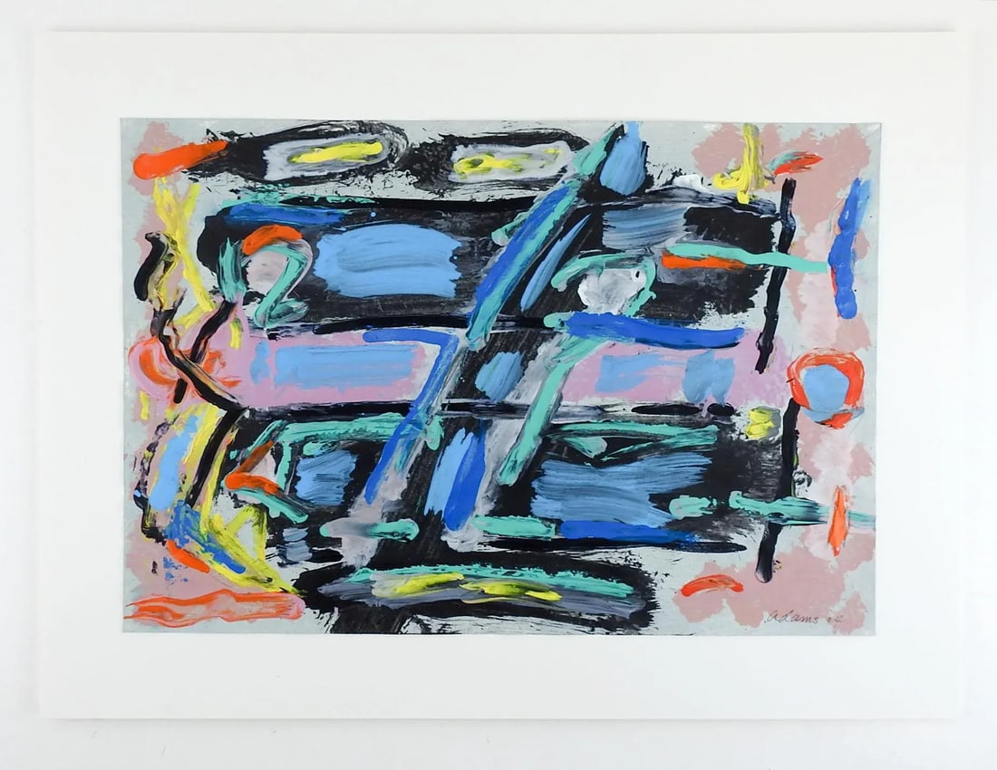 Abstract Blue, Black & Pink Jerry Adams Painting on Paper - 3