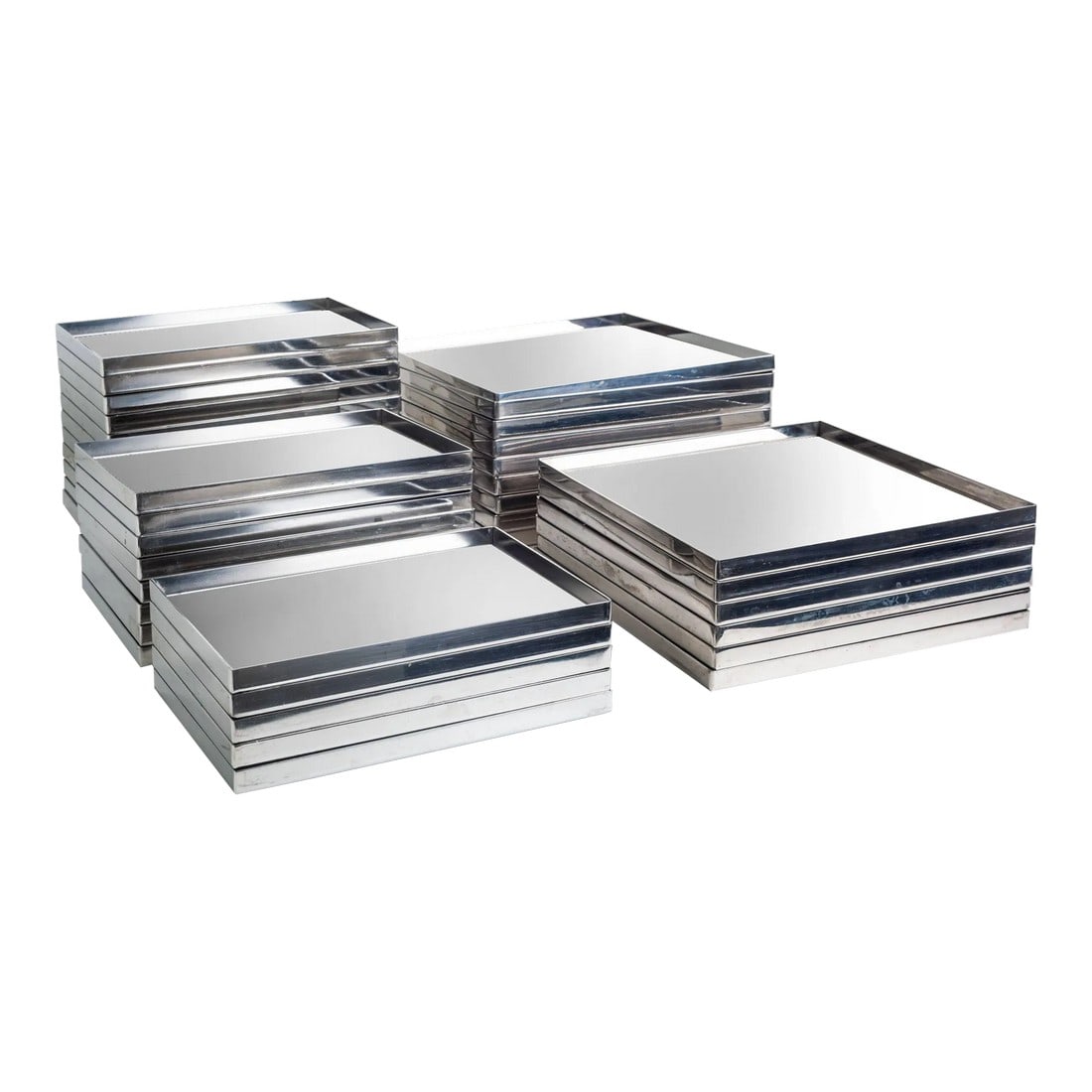 Phillipe Starck Custom Stainless Steel Dishes, Set of Thirty-Eight: Phillips Starck Custom Stainless Steel Dishes set of Thirty-Eight, from The Clift Hotel, San Francisco, California. Two sizes: Both 1/2" high Smaller 23" in total 9" x 6" Larger 15 in total 9.50" x