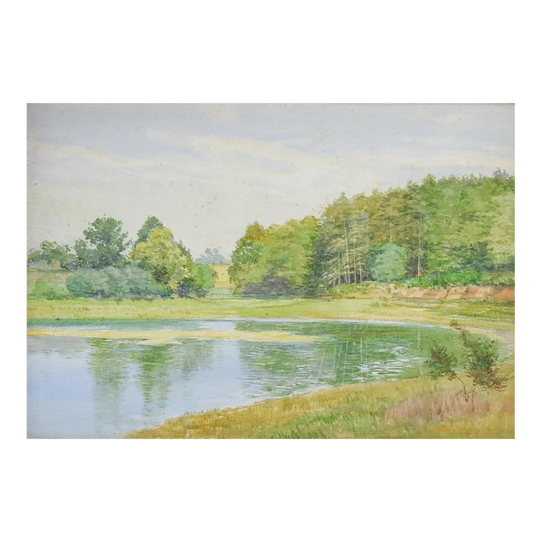 Late 19th Century French Plein Air Lakeside Landscape Watercolor Painting: Vintage late 19th century watercolor on handmade paper lakeside landscape painting. Unsigned, detailed and delicate french painting, J Whatman Turkey Mill watermark, inventor of wove paper,