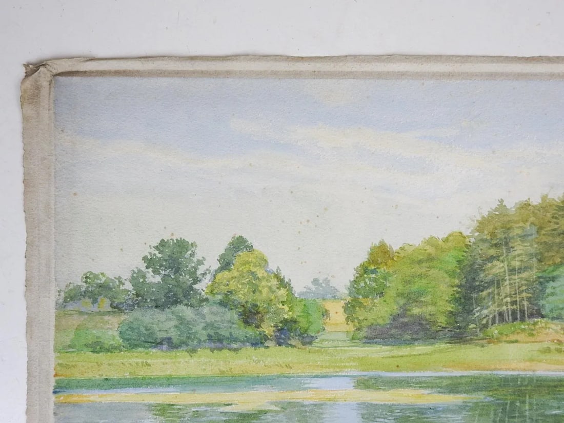 Late 19th Century French Plein Air Lakeside Landscape Watercolor Painting - 2