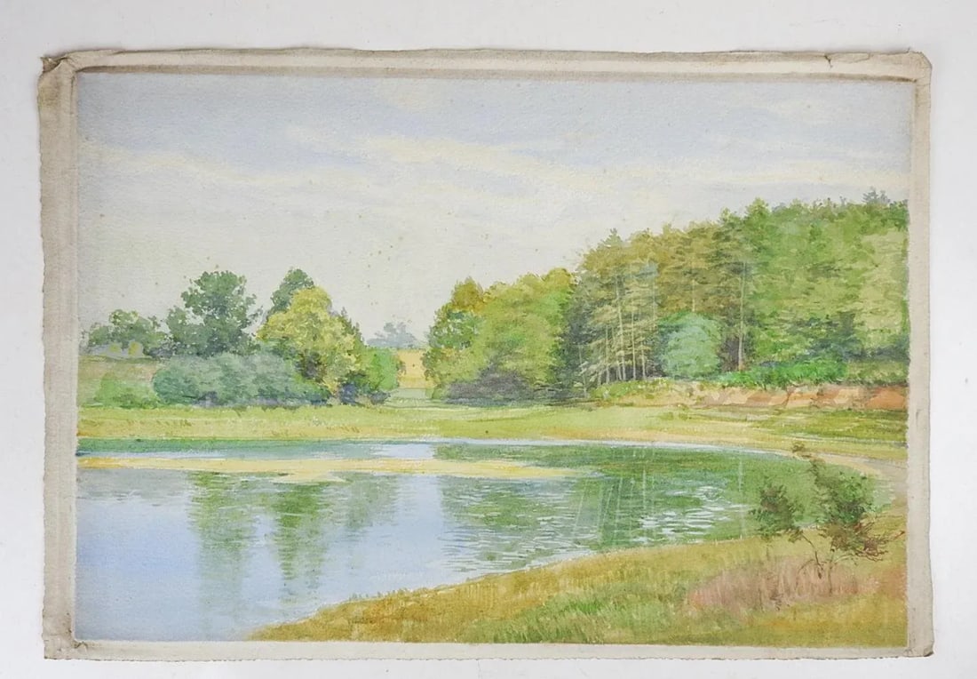 Late 19th Century French Plein Air Lakeside Landscape Watercolor Painting - 3