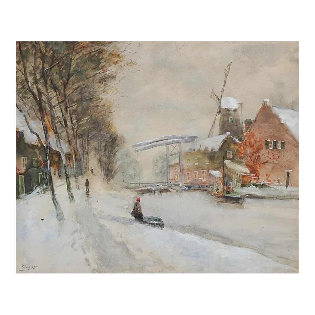 Antique Belgian Winter Scene Painting: Antique mid 19th century gouache on paper winter riverside cityscape painting by Henri Staquet (1838 - 1906) Belgium. Snow covered tree lined path along river with windmill. Signed lower left
