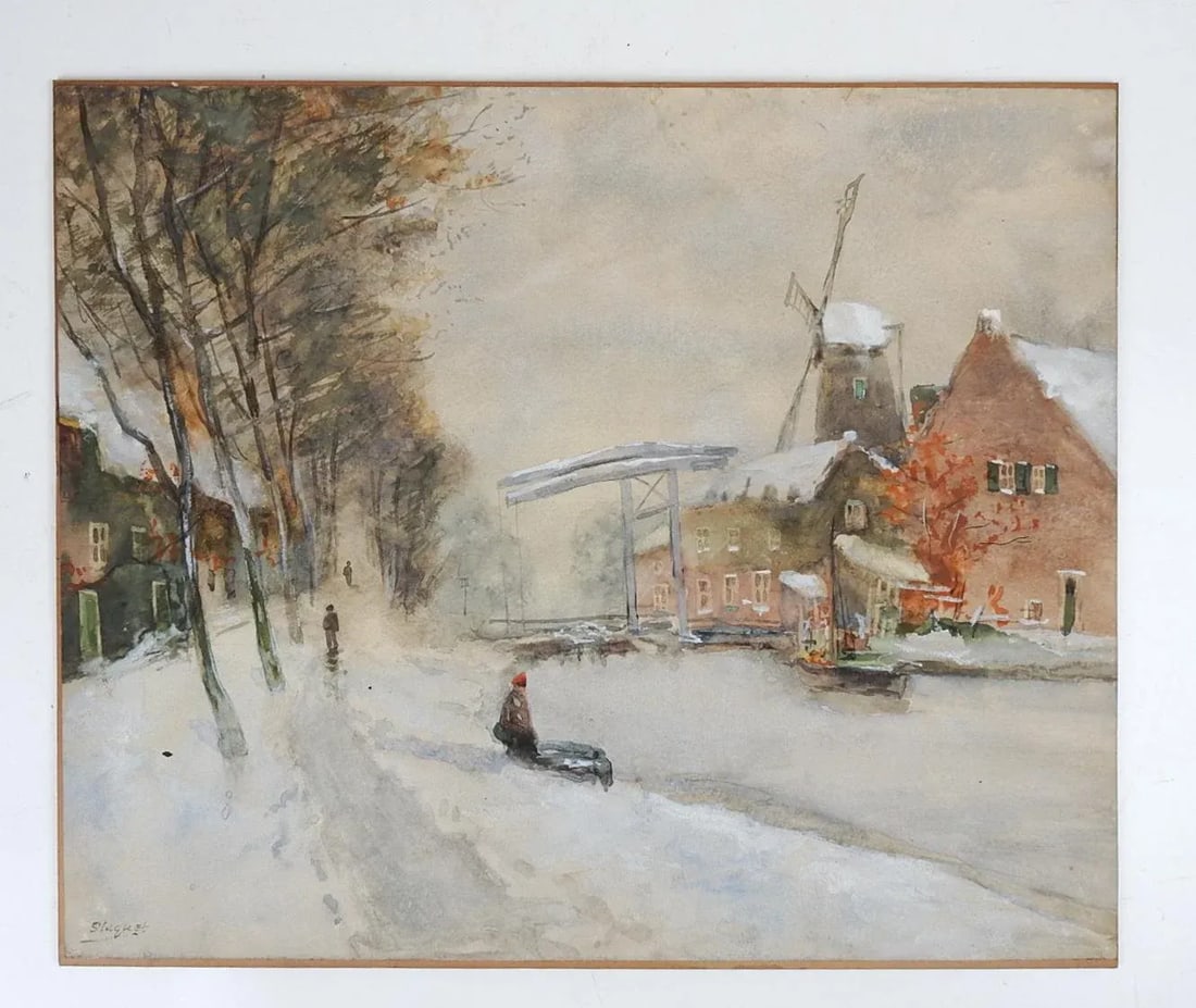 Antique Belgian Winter Scene Painting - 3