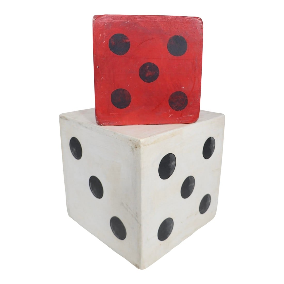 Folk Art Carnaval Dice Side Tables or Decorative Sculptural Items C 1960/80's: 2 Mid Century Folk Art oversize dice, suitable for use as side, or end tables and also can be used as pedestals, or stand alone decorative pieces. Hand made, circa 1960-1980's, both are in good vintag