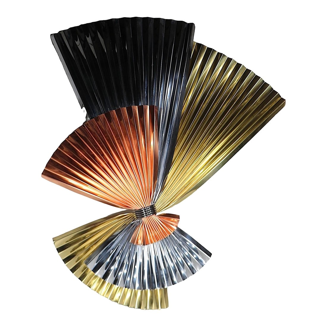 Mixed Metal Hollywood Regency Fan Sculpture by Jere 1991: Exceptional fan form wall hanging sculpture by Curtis Jere c. 1991. The sculpture features a stylized fan. This example is in very good, clean, original ready to hang condition, unfortunately when we