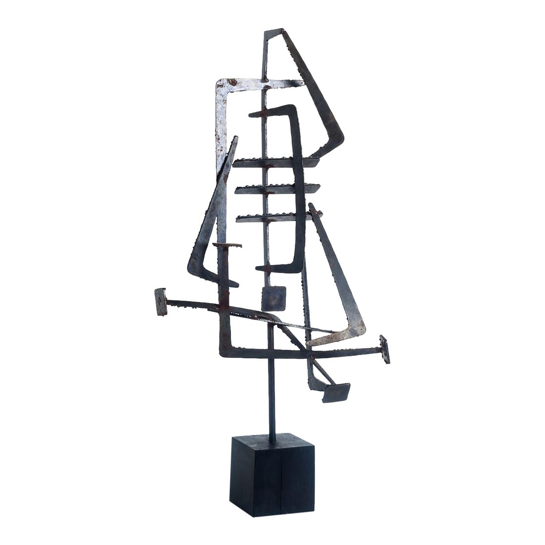 1950s Studio Forged Metal Sculpture: Studio Forged Metal Sculture, Artist unknown, well executed. Dimensions: 24" wide 4" deep 24" high on a 4" X 4" wood block Condition: Alterations: Original Condition Unaltered Imperfections: Some