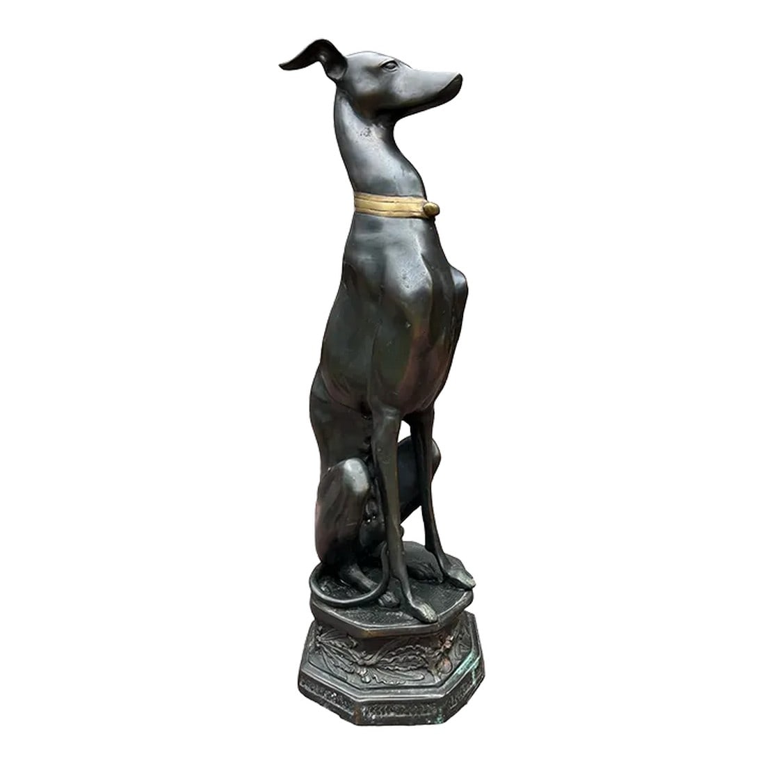 1980s Life Size Bronze Statue of a Whippet Dog on Pedestal: Life size (32" h x 10.5" w x 10.5" d) bronze of a whippet or greyhound seated atop a pedestal. Heavy, highly detailed museum quality vintage casting from an antique design. Beautiful patina beginning