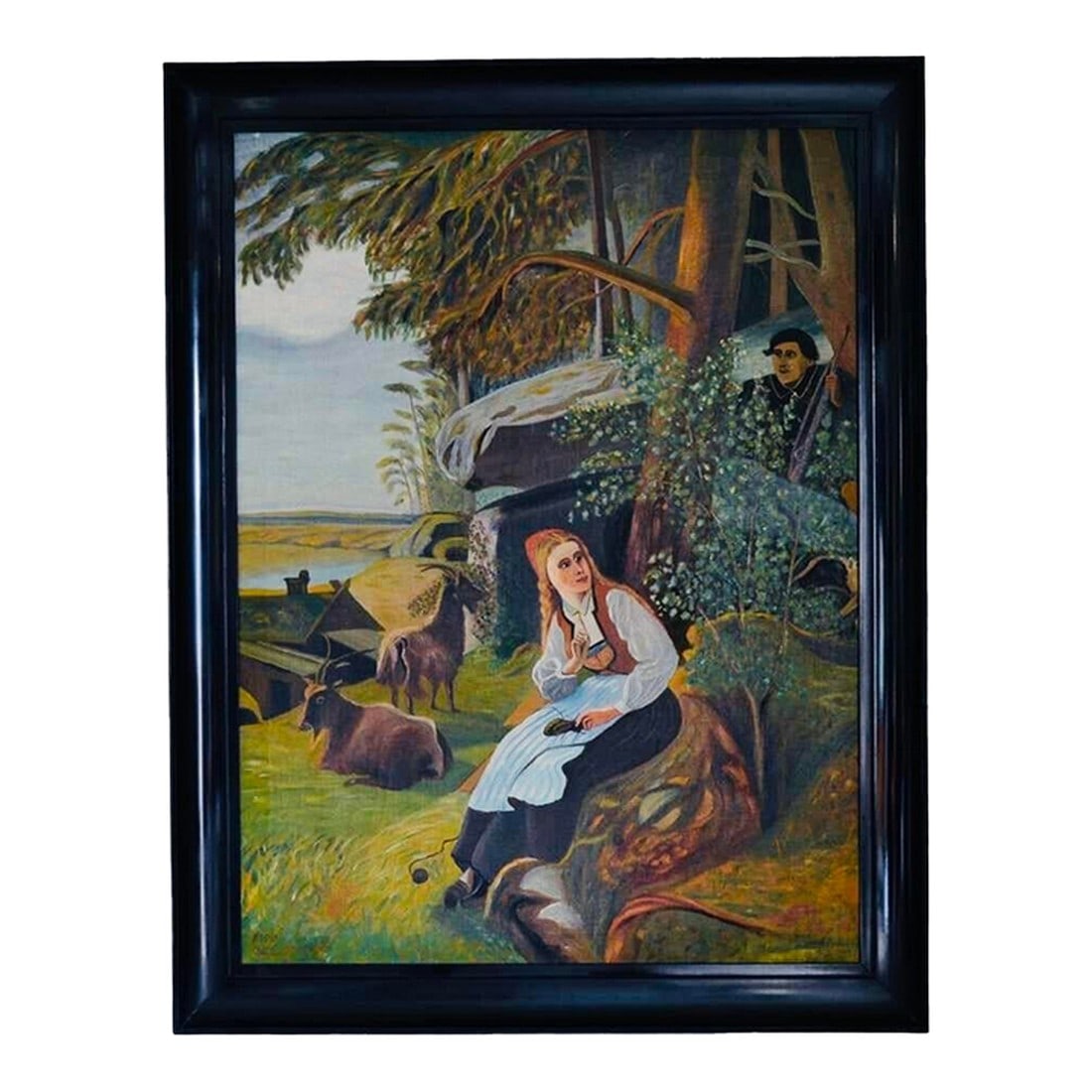 Antique Swedish Pastoral Oil Painting With Sheperdess by C. Eriksson C. 1916: Lovely stylized oil painting on canvas depicting a serene, rural landscapeÂ with elements of a fairy tale, featuring a shepherdess with her flock of goats in the foreground with figure