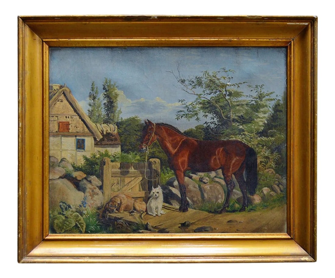 Antique Framed Flemish Equine and Dog Painting: Unsigned oil on linen painting in distressed guilt frame. An Flemish oil painting of a horse and dogs in a romantic cottage landscape. Condition: Alterations: Original Condition Unaltered