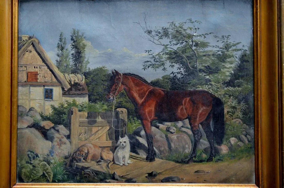 Antique Framed Flemish Equine and Dog Painting - 2