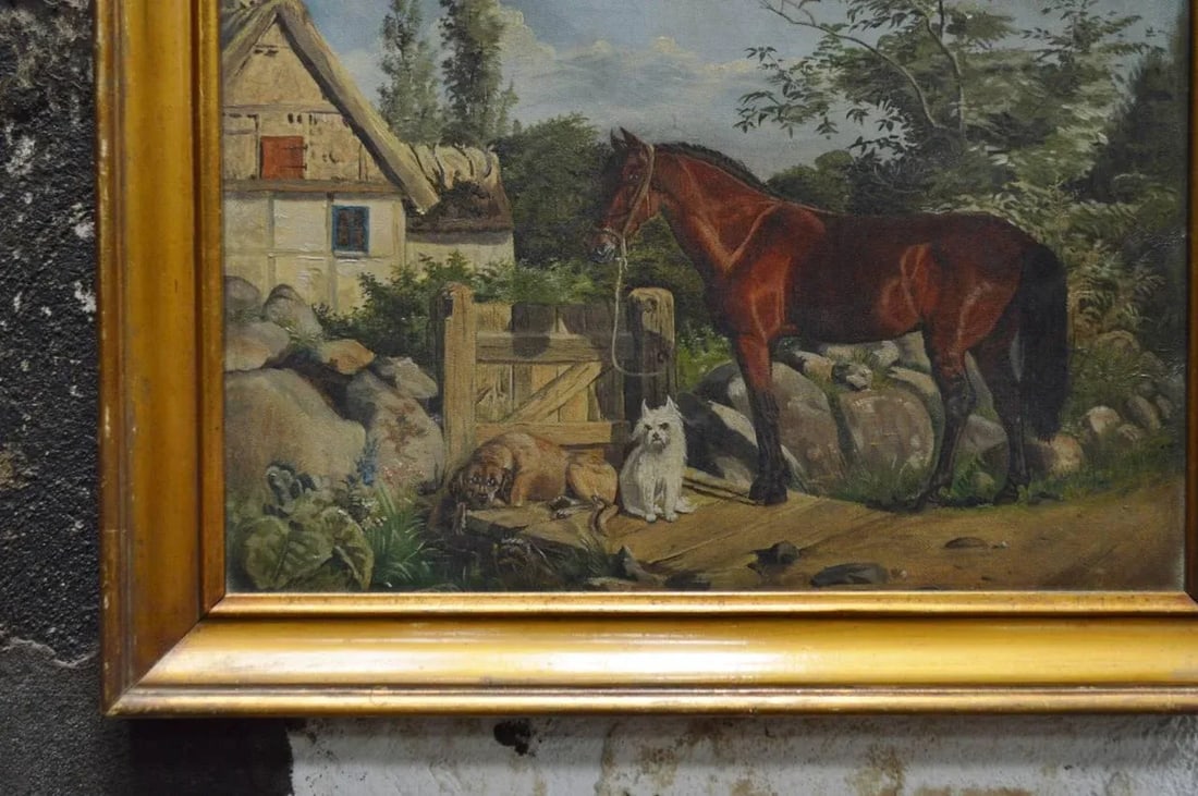Antique Framed Flemish Equine and Dog Painting - 3