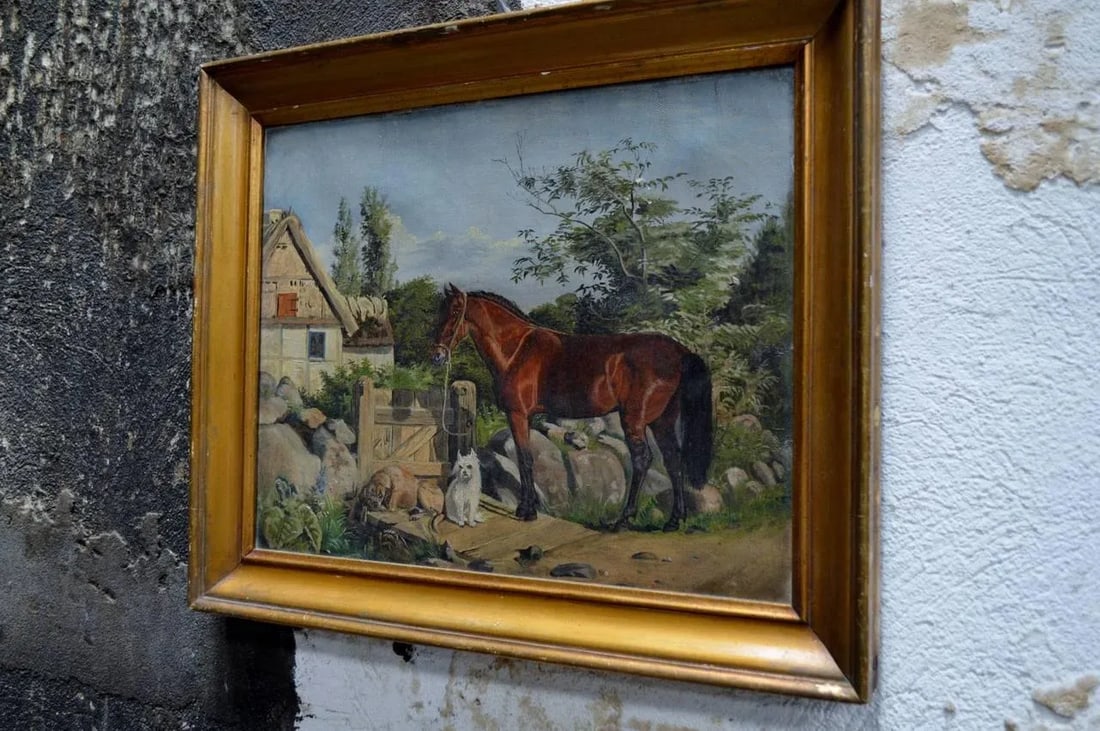 Antique Framed Flemish Equine and Dog Painting - 4