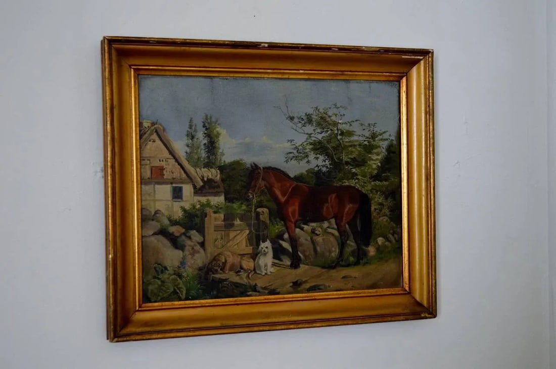 Antique Framed Flemish Equine and Dog Painting - 6