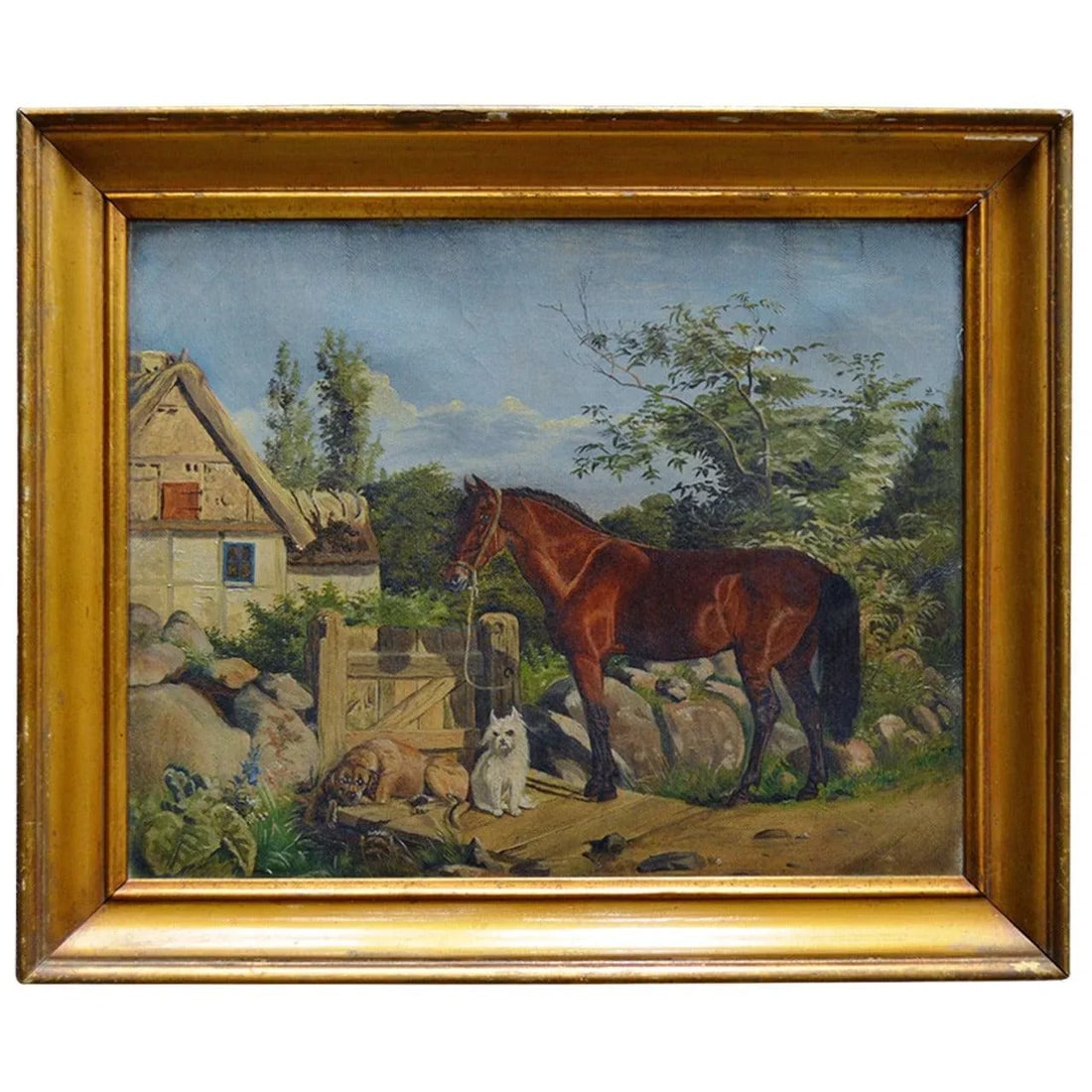 Antique Framed Flemish Equine and Dog Painting - 9