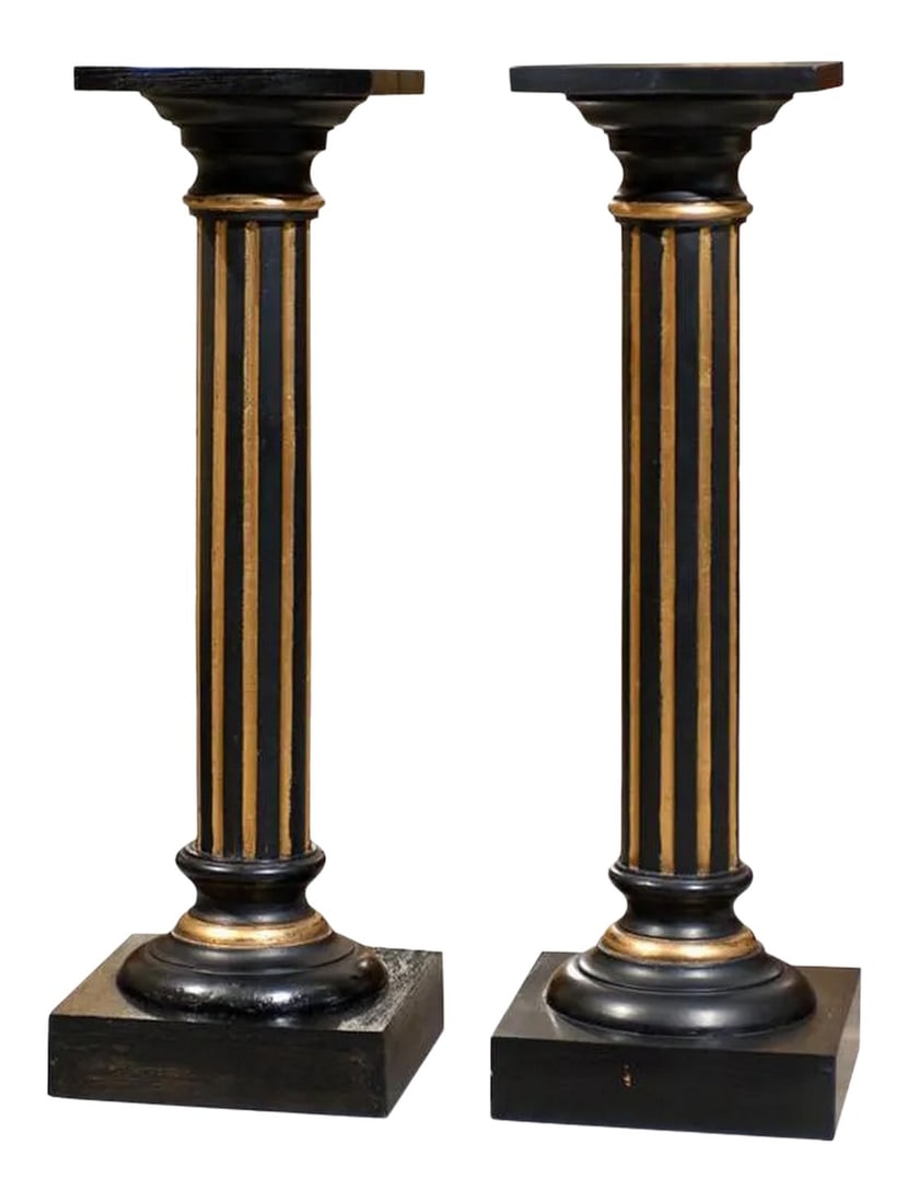 Antique Swedish Neoclassical Late Empire Pedestals - a Pair: Pair of antique Empire Neoclassical Swedish pedestals painted ebony with gold accents. Condition: Alterations: Restored Imperfections: Some Imperfections Condition Notes: Very Good Restored Antique Co