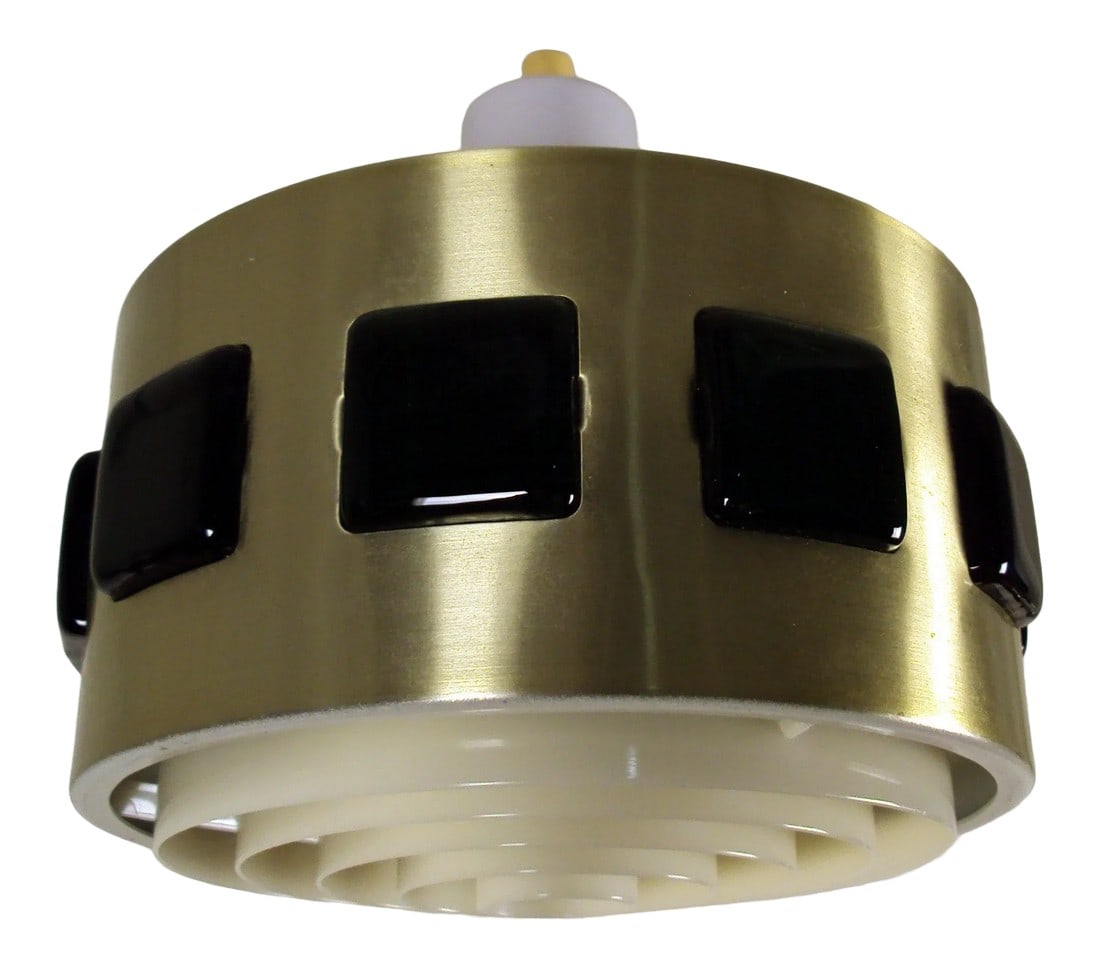 Mid-Century Modern Swedish Spun Aluminum Pendant by Erik Hoglund And: Brushed anodized brass spun vintage Swedish Mid-Century Modern pendant with emerald colored glass tiles. Designed by Erik Höglund and Einar Backström for Backström & Höglund