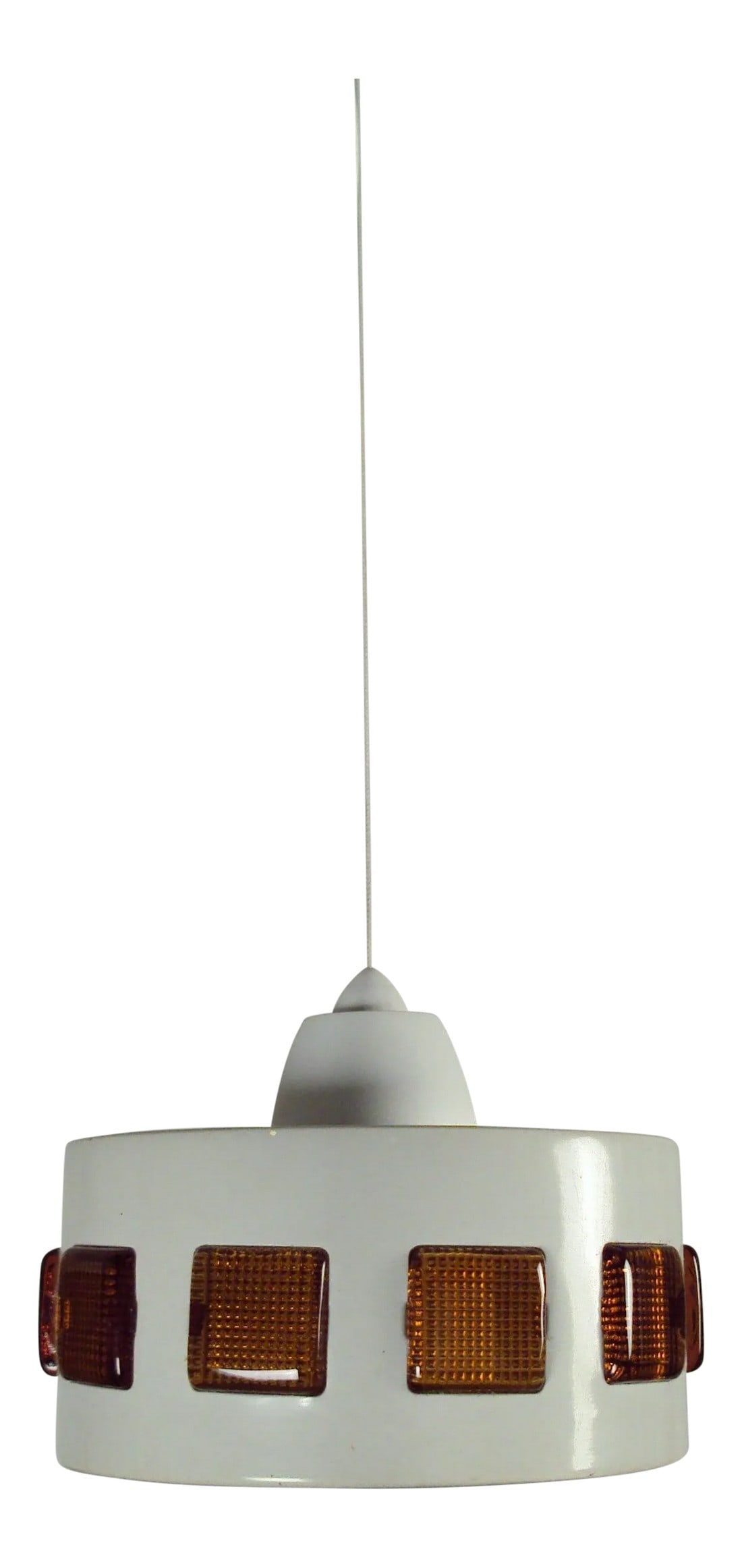Vintage Mid-Century Swedish Modern Pendant by Erik Höglund and Einar Backström: Vintage Mid-Century Swedish Modern Pendant in a cloud white enamel coated finish with amber colored glass tiles. Newly rewired to US standards. Condition: Alterations: Restored Imperfections: Some