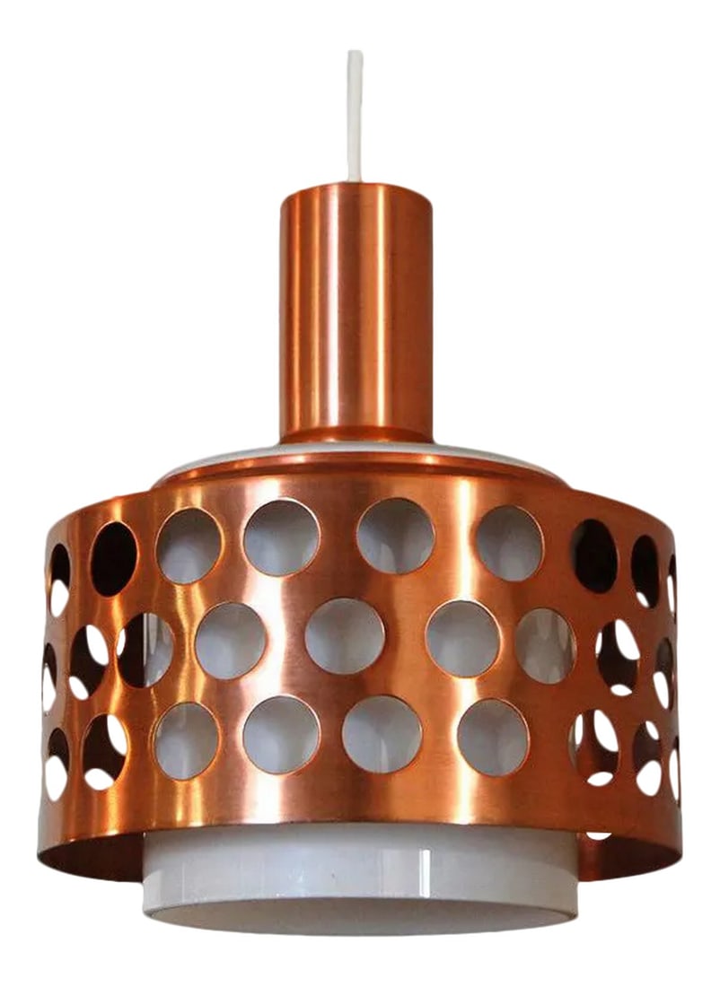 Vintage Mid-Century Swedish Copper & Glass Pendant: Vintage Swedish Mid-Century Modern minimalist anodized copper pendant with inner white diffuser. Newly rewired to US standards with 72"L white cord. Condition: Alterations: Restored Imperfections: