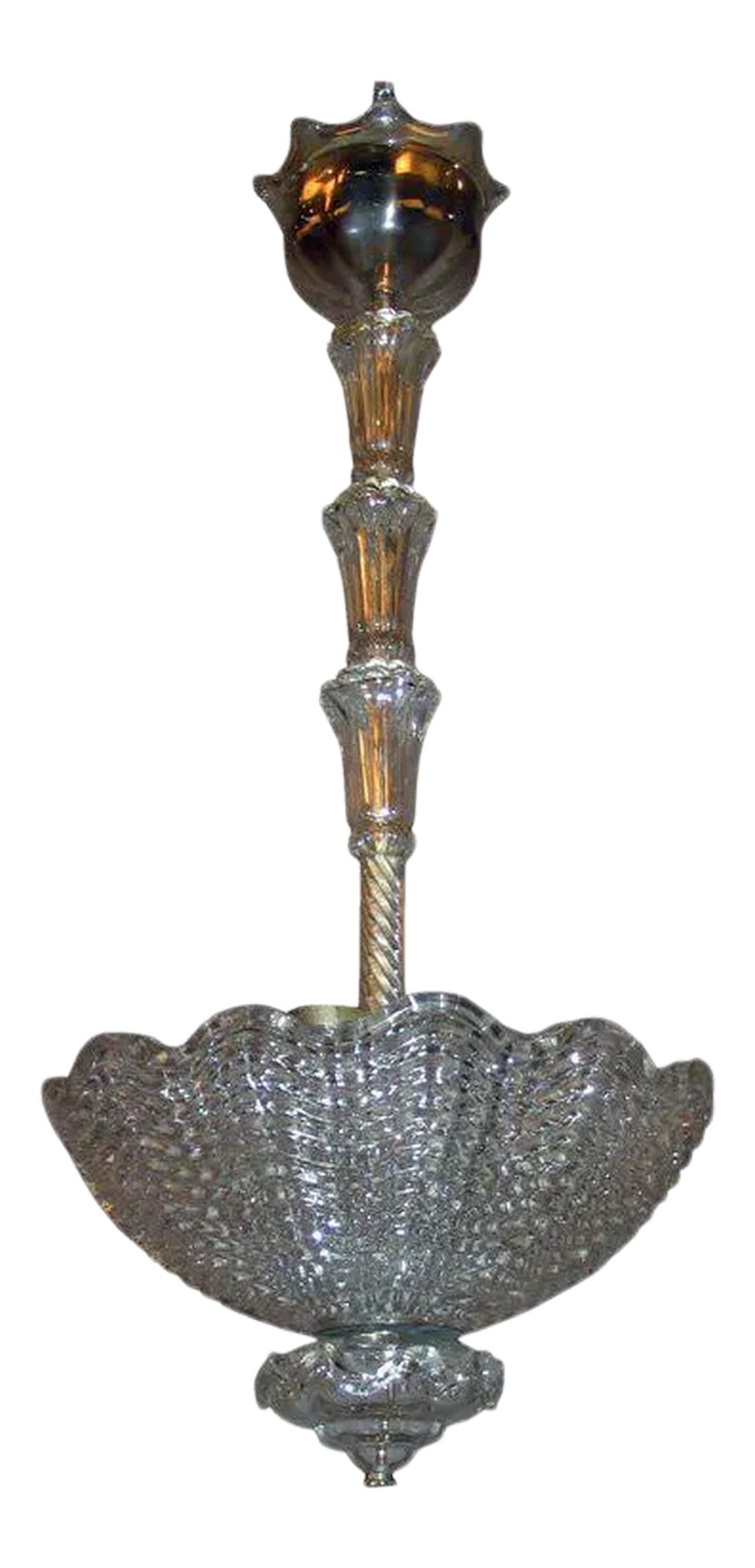 Swedish Orrefors Crystal Pendant Chandelier by Vicke Lindstrand: Beautifully textured clear crystal glass bowl pendant chandelier by legendary Swedish glass designer Vicke Lindstrand (1904-1983) for Orrefors. The fixture can take up to three 75 watt bulbs and has