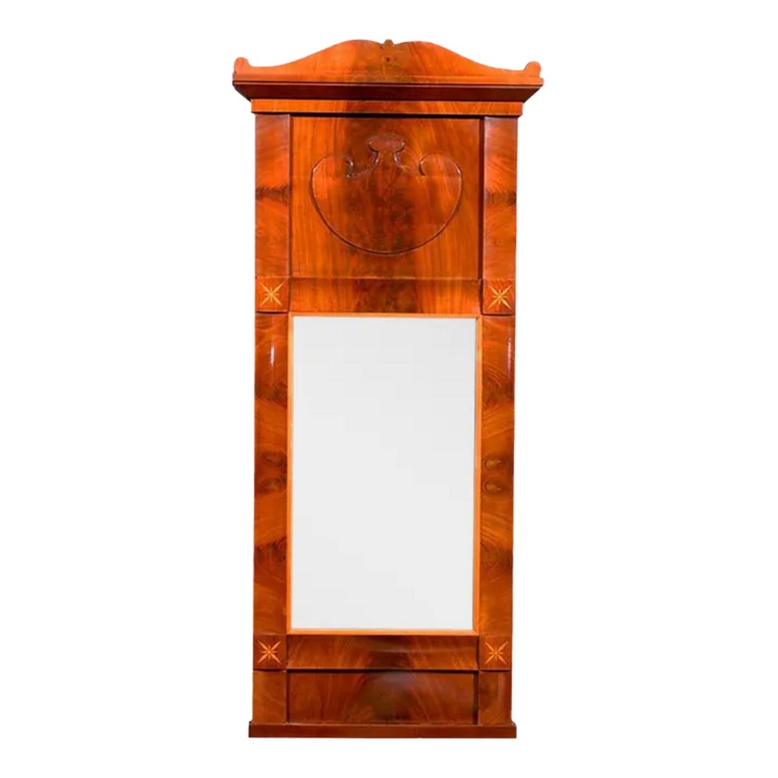 Mid 19th Century Swedish Karl Johan, Biedermeier Crotch Mahogany Mirror: Period Karl Johan (Biedermeier) mirror of gorgeous crotch mahogany. Silvered mirror is old and shows some age, but may not be original. Mahogany is showing lighter in photographs than in actuality. 