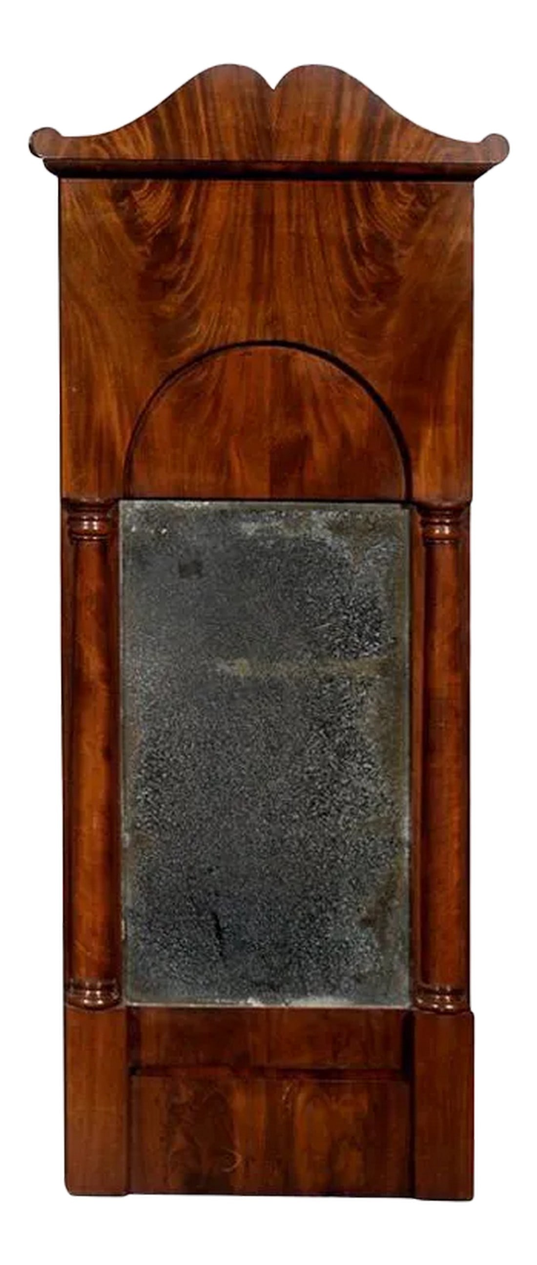 Period Antique Swedish Karl Johan Biedermeier Mirror: Swedish Karl Johan (Biedermeier) Mirror of crotch mahogany with original aged mirror. Condition: Alterations: Original Condition Unaltered Imperfections: Some Imperfections Condition Notes: Very