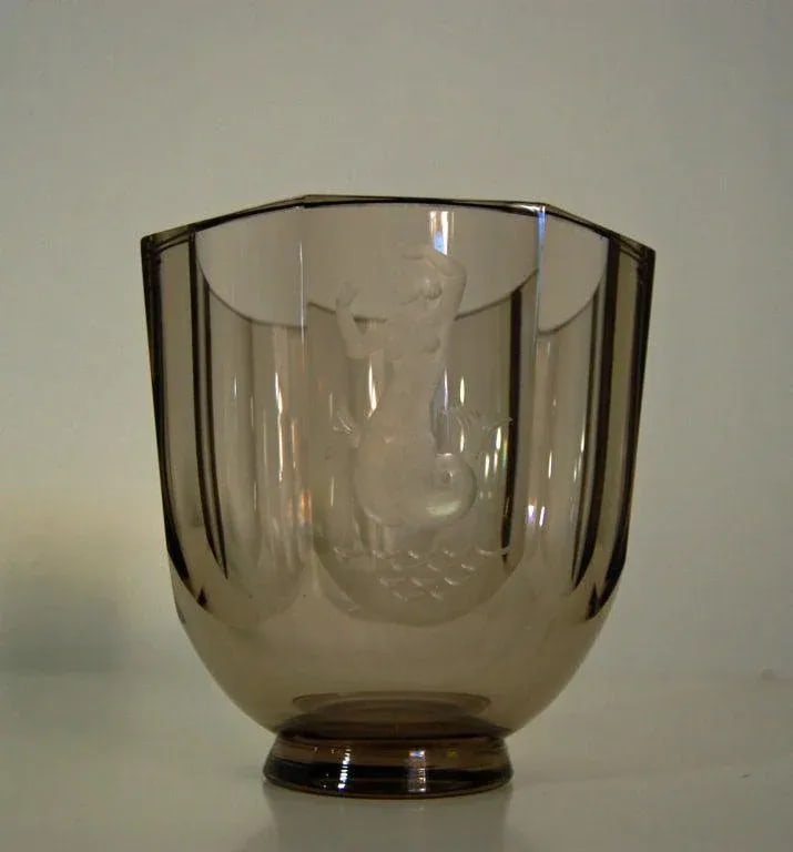 Vintage Nils Landberg for Orrefors Engraved Mermaid Art Deco Glass Vase, Signed 1944 - 2