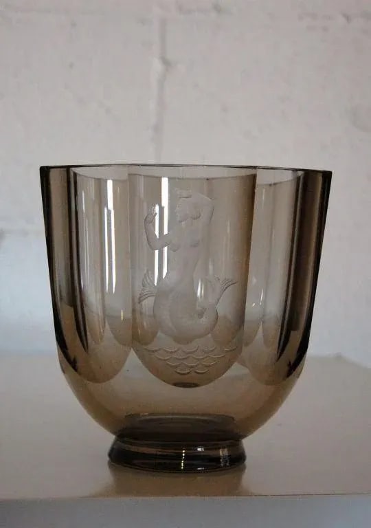 Vintage Nils Landberg for Orrefors Engraved Mermaid Art Deco Glass Vase, Signed 1944 - 4