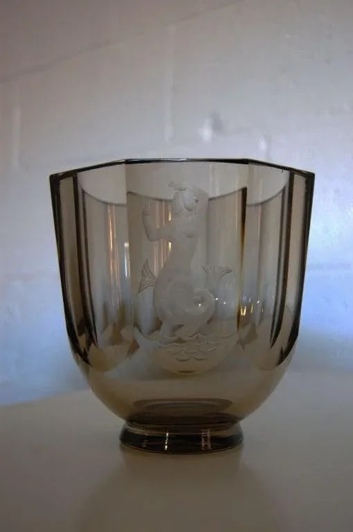 Vintage Nils Landberg for Orrefors Engraved Mermaid Art Deco Glass Vase, Signed 1944 - 5