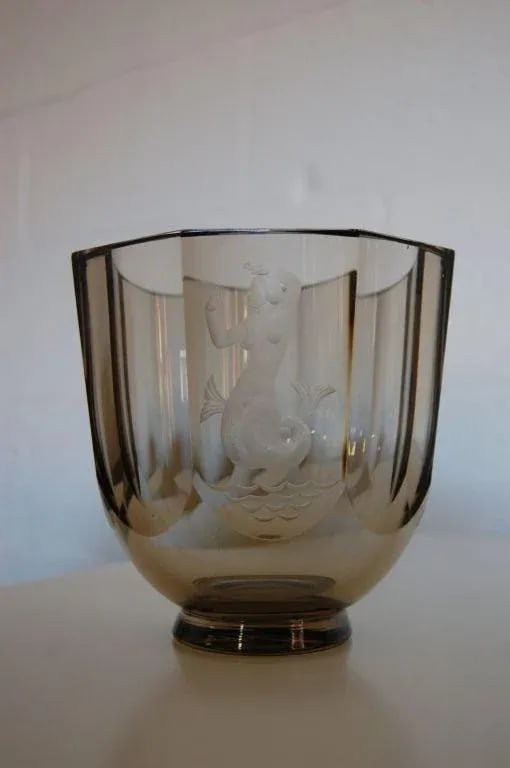 Vintage Nils Landberg for Orrefors Engraved Mermaid Art Deco Glass Vase, Signed 1944 - 6
