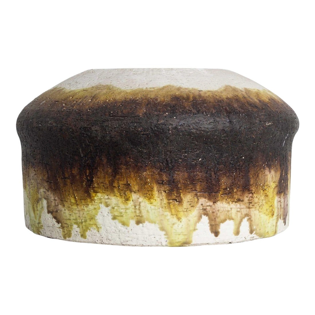 Fantoni for Raymor Vase With Graduated Color Drip Glaze Design: Fantoni for Raymor Vase with Graduated Color Drip Glaze Design , Singed underside Fantoni Raymor Italy with original Raymor sticker Dimensions: 5.50" high 9.50" dia 4.25" opening Condition: