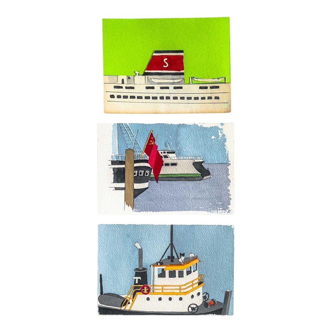 1970s Robert Hermann Set of Three Nautical Paintings: Robert Hermann Set of Three Nautical Paintings Post car size, all dimensions approx. 6" X 4" Condition: Alterations: Original Condition Unaltered Imperfections: Some Imperfections Condition Notes: