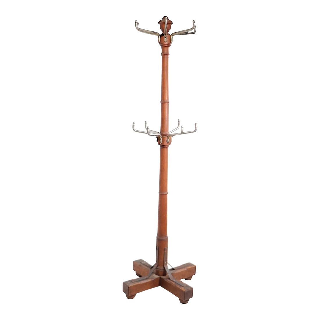 Extra Grade Tiered Coat Tree Rack: Exceptional antique Turn of the Century vintage coat tree, having a solid oak turned wood center post, with two levels of nickel plated hooks, and an industrial style steel braced base. Very nice exam