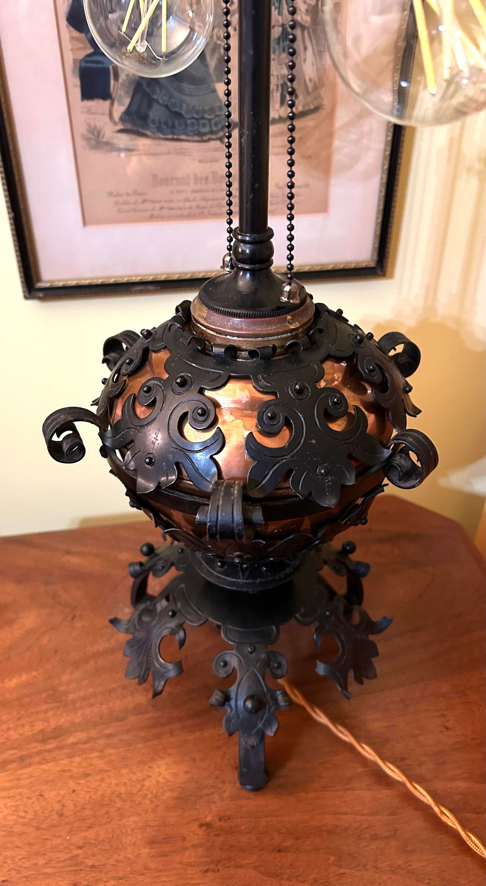 1850's Spanish Influenced Design Copper Oil Lamp Encased With Scrolled, Black Cast Iron - 10