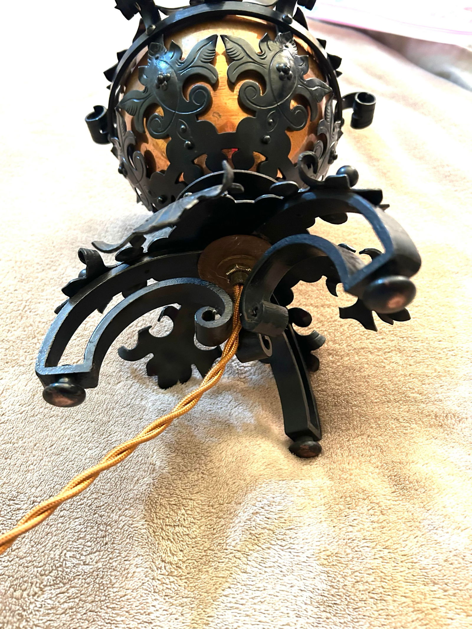 1850's Spanish Influenced Design Copper Oil Lamp Encased With Scrolled, Black Cast Iron - 11