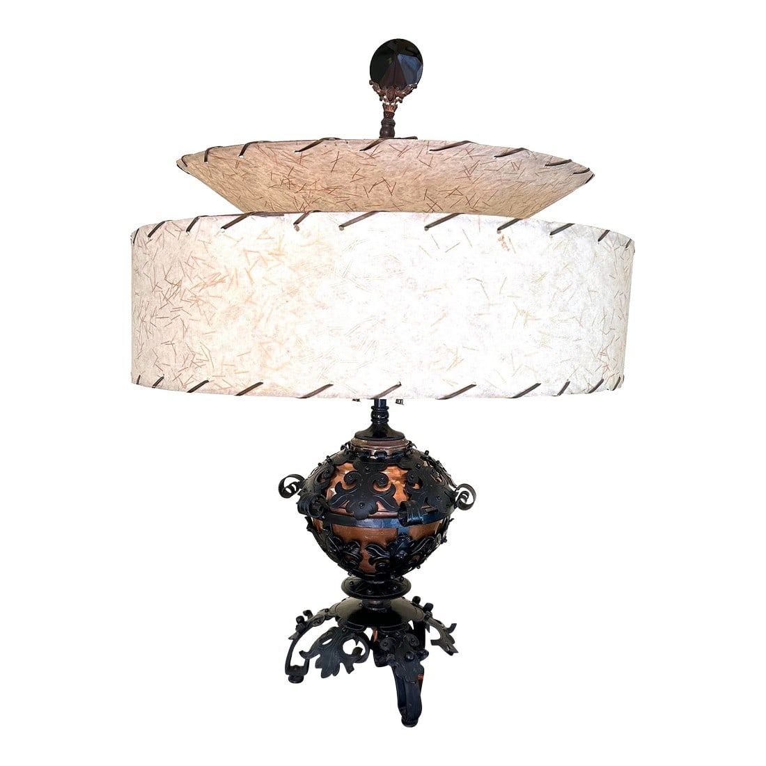 1850's Spanish Influenced Design Copper Oil Lamp Encased With Scrolled, Black Cast Iron: The base of this lamp is from the 1850s. Its copper pot held lamp oil, until it was later converted for electricity (late 1800's). The copper pot is encased with scrolled, cast iron –