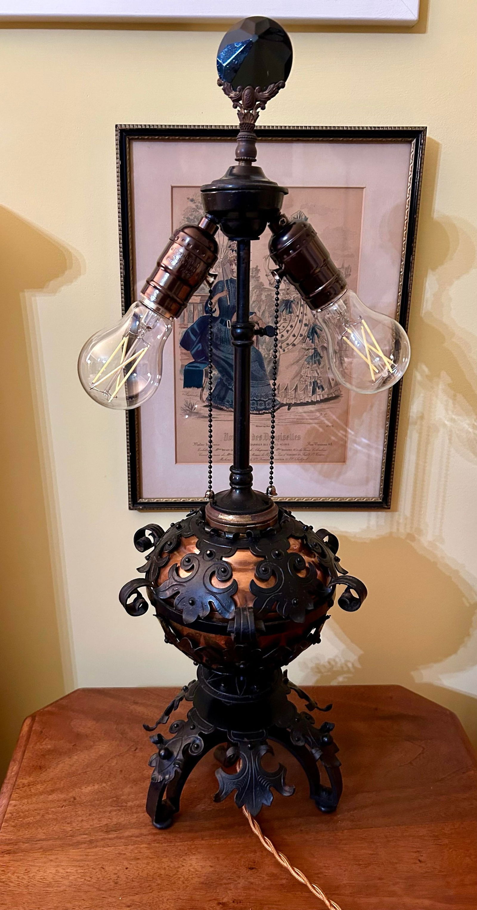 1850's Spanish Influenced Design Copper Oil Lamp Encased With Scrolled, Black Cast Iron - 2
