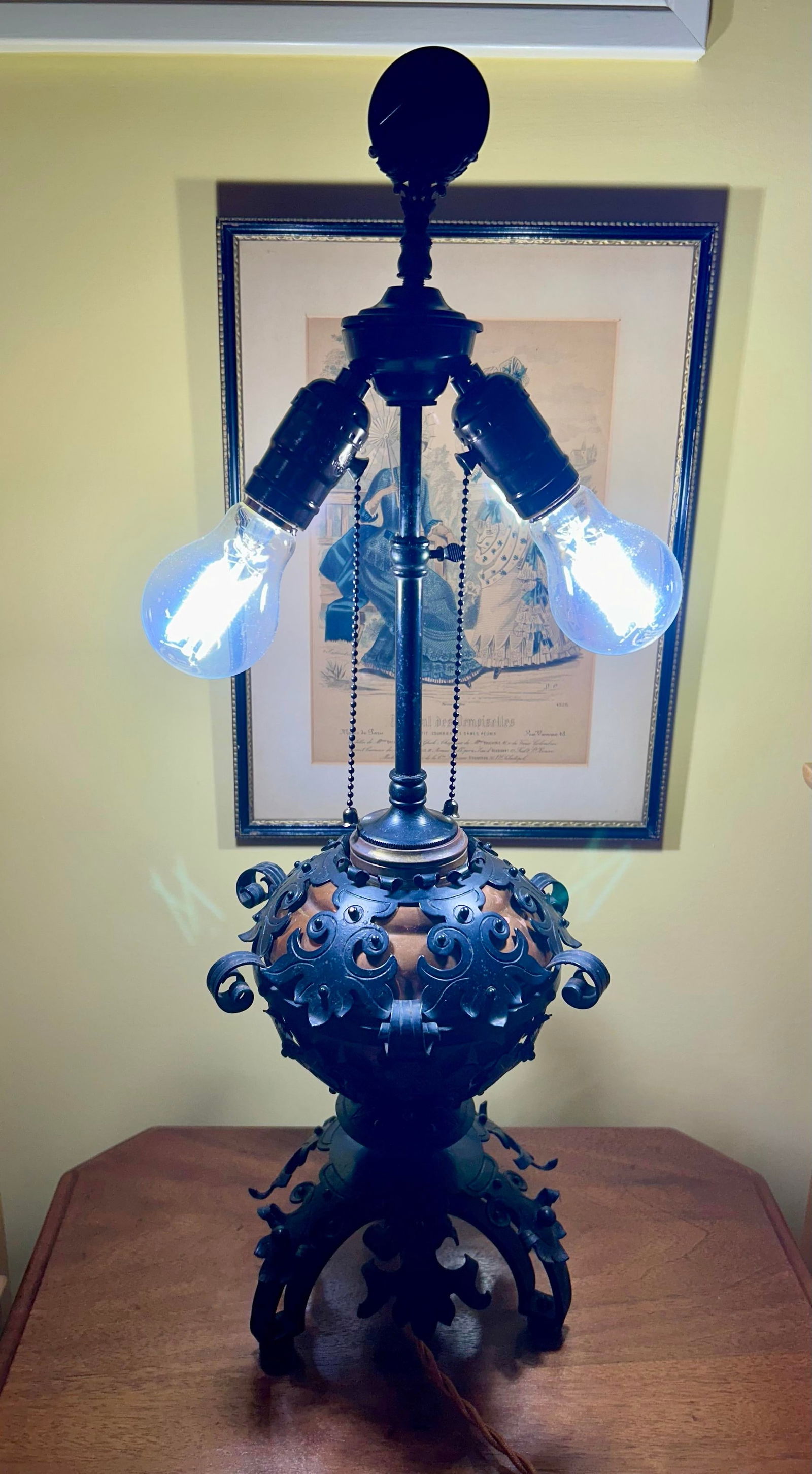 1850's Spanish Influenced Design Copper Oil Lamp Encased With Scrolled, Black Cast Iron - 3