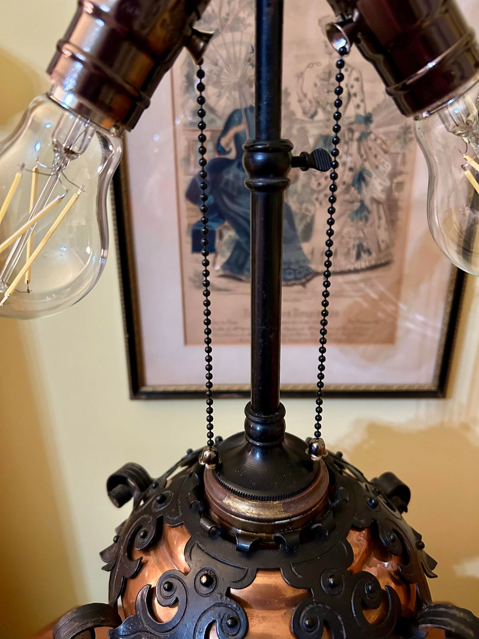 1850's Spanish Influenced Design Copper Oil Lamp Encased With Scrolled, Black Cast Iron - 5